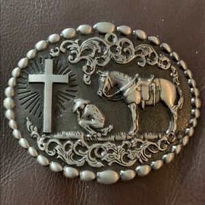 Western Belt Buckle with Cross and Horse Design